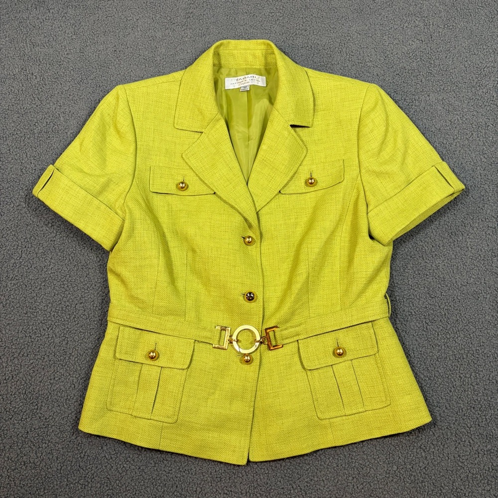 Tahari Blazer Womens 10P Green Arthur S Levine Short Sleeve Belted Safari Jacket